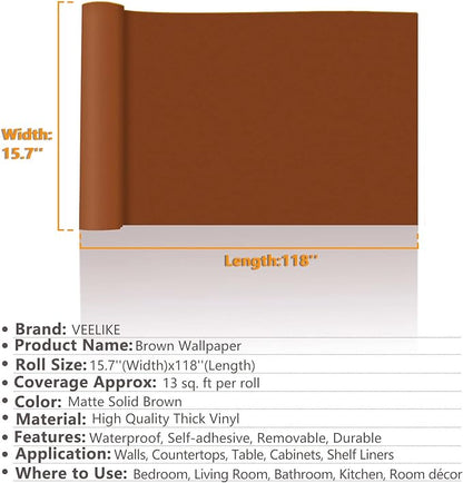 VEELIKE 15.7''x118'' Matte Caramel Brown Contact Paper for Cabinets Walls Self Adhesive Thick Brown Wallpaper Peel and Stick Removable Wall Paper Roll for Bathroom Living Room Countertops Table Shelf