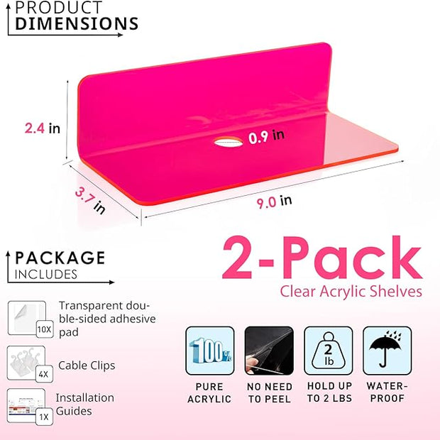 OAPRIRE Acrylic Floating Shelves Set of 2 - Easily Expand Wall Space - Small Wall Shelf with Strong Adhesive for Bedroom, Kids' Room, Bathroom, etc (Fluorescent Pink)