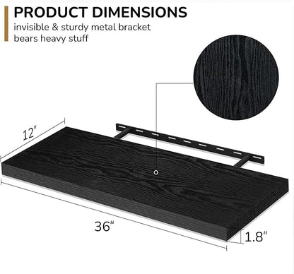 Fun Memories Floating Shelves - 2 Pack 12 Inch Rustic Wooden Wall Shelves - Extra Deeper & Thicker Wall Mounted Storage Shelf for Living Room, Kitchen, Farmhouse - 36" W x 12" D x 1.8"H - Rustic Black