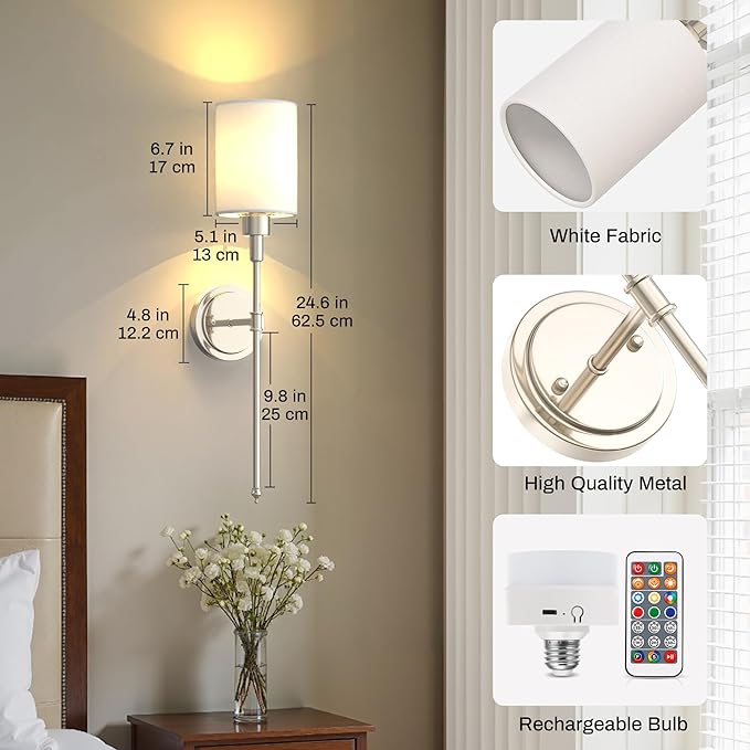 DORESshop Battery Operated Wall Sconce Set of 2, Wireless Wall Light Easy to Install, 7 Color Rechargeable Wall Sconces, Sconce Wall Decor Set of 2 for Bedroom, Living Room, Nickel, 24.3in