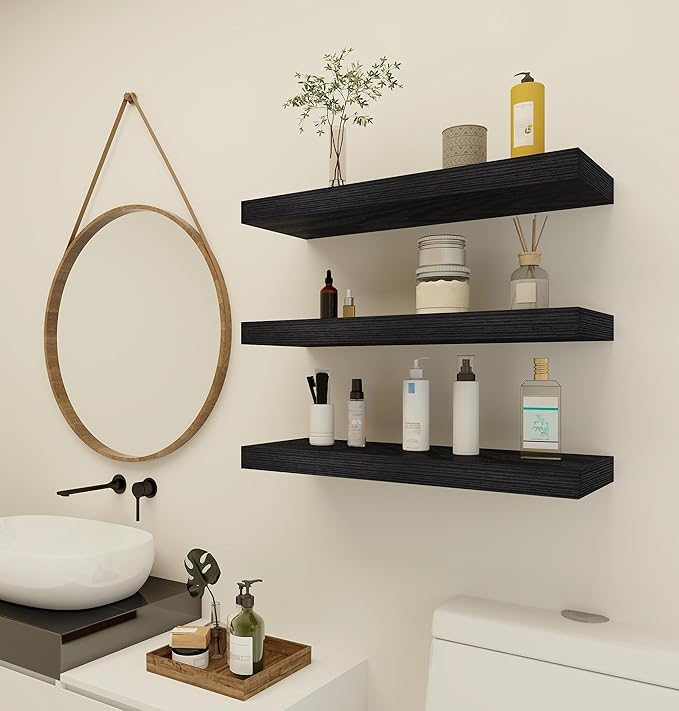 Vervida® 3 Pack Black Floating Shelves,24" W x 7.9" D x 1.5" H, Holds Up to 37 Lbs, Ideal for Living Room, Bedroom, Bathroom, Kitchen, Office, Storage, Display, with Invisible Brackets Wall Shelves