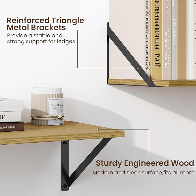 Fun Memories Deep Floating Shelves for Wall, 16W x 8D Wall Mounted Shelves Set of 2, Wide Display Ledge Shelf with Sturdy Metal Brackets for Living Room, Bathroom, Bedroom and Kitchen, Oak