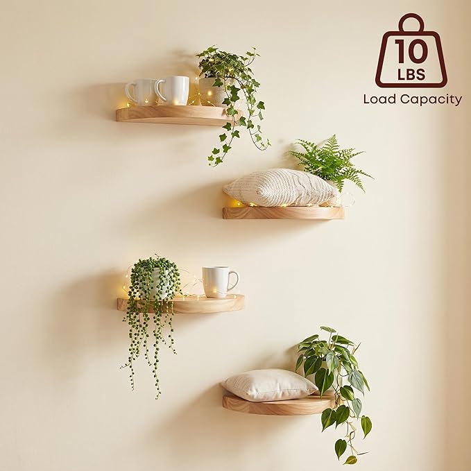 Small Wood Floating Shelves (4-Pack, 6-inch Diameter) - Round Sturdy Invisible Wall Mount Display for Small Plants,Toys,Bathroom,Living Room Storage & Modern Rustic Décor (Carbonized Brown)