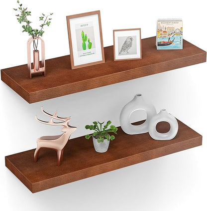 Floating Shelves (Set of 2) – Wall Mounted Shelves for Home Décor and Storage, Natural Pine Wood, Suitable for Living Room and Bedroom (Brown, 23.6" x 5.7" x 1.0")