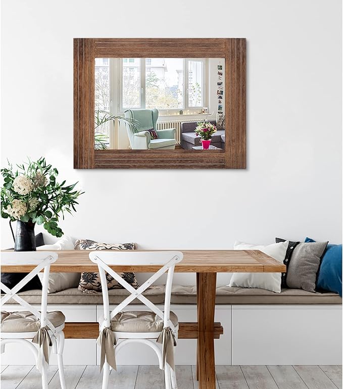 Rustic Mirror Wooden Rectangular Antique Wall Mirror Frame Decor Farmhouse Bedroom Dresser Bedroom Entryway Mirror Large Brown 26