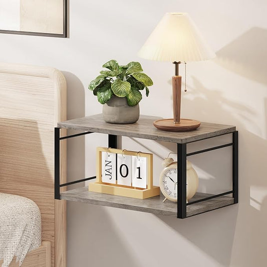 Floating Nightstand, Wood Bedside Shelf Wall Mounted Nightstand, Floating Bedside Table Wall Shelf for Bedroom, Living Room, Bathroom, Kitchen, Office (Vintage Gray)