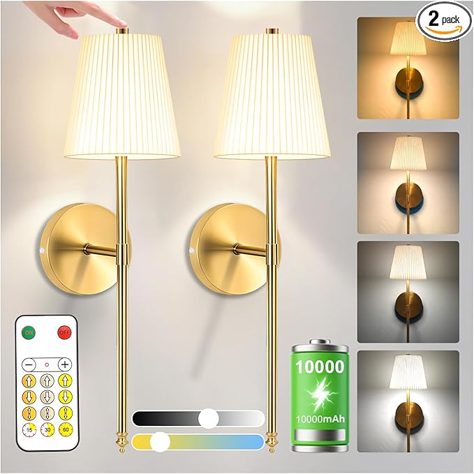 10,000mAh Rechargeable Battery Operated Wall Lights with Fabric Shade, Wireless Sconces with Remote and Touch Control, Dimmable 3 Color Temperature for Bedroom Living Room Hallway,Gold 2PCS