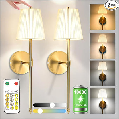 10,000mAh Rechargeable Battery Operated Wall Lights with Fabric Shade, Wireless Sconces with Remote and Touch Control, Dimmable 3 Color Temperature for Bedroom Living Room Hallway,Gold 2PCS