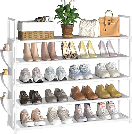 OYREL 5 Tier Shoe Organizer, 33.3in Wide x 11.2in Deep x 35.6in Tall, Black Metal and Plastic Shoe Rack with Side Bag, Holds 20-25 Pairs of Shoes