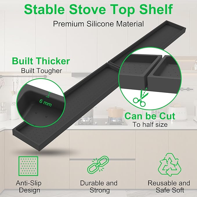 Mofason Silicone Magnetic Stove Top Shelf 30 Inch, Kitchen Over Stove Oven Shelf, Magnetic Spice Rack Organizer, Non-Slip Above Stovetop Tray for Back of Stove -Black