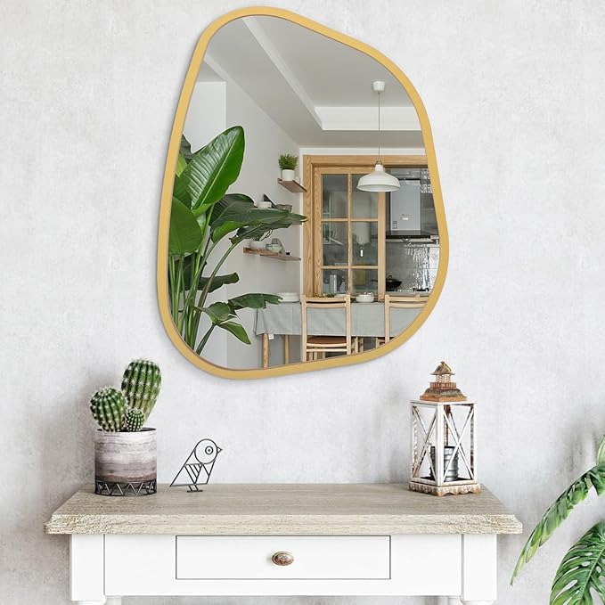 Large Asymmetrical Wall Mirror Irregular Wood Frame Modern Unique Wall-Mounted Artistic Wavy Mirror Decor Bathroom Vanity Bedroom Living Room Entryway Hallway 26