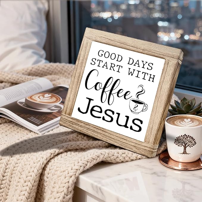 Christian Coffees Decoration Wood Coffee Sign Good Days Start With Coffee And Jesus Farmhouse Cafe Sign Table Decor for Kitchen Home Office Bar Handmade Wooden Cafe Signs 5.9x5.9 Inch