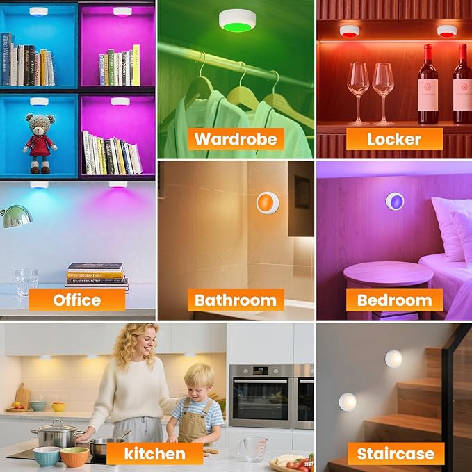 LED Puck Lights with Remote Control, 16 Color Changing Under Cabinet Lighting with Dimmer & Timer, AAA Battery Operated,Under for Closet Bedroom Kitchen, Stair (3 Pack White)