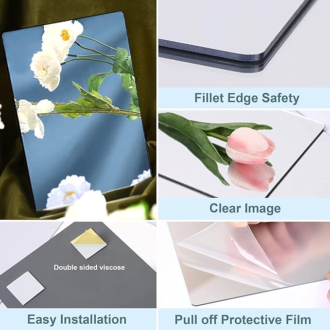 JUNEBRUSHS 4 Pack Self Adhesive Acrylic Mirror, 4X 6 Inch Mirror Tiles,Flexible Plastic Sheets Wall Stickers, 2MM Thick Mirror,Frameless Small