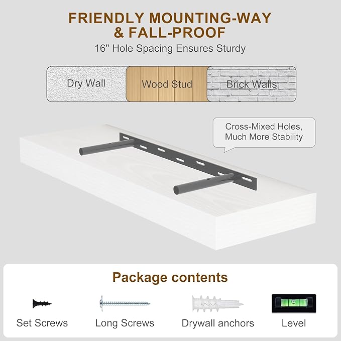 Fun Memories 55 Inch Fireplace Mantel - Long Floating Shelf, Wall Mounted Farmhouse Display with Invisible Heavy Duty Metal Bracket, White