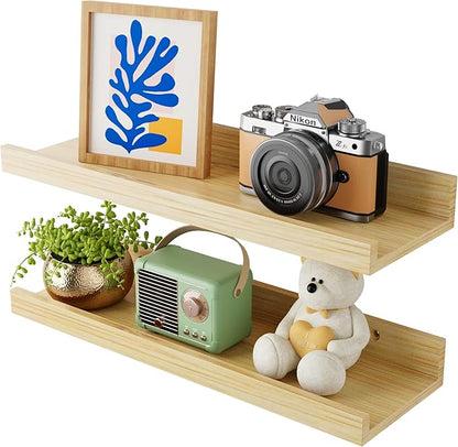 16 Inch Bamboo Floating Shelves - Picture Ledge Shelf with Lip Set of 2, Hanging Bamboo Wall Shelf for Storage, Small Natural Wood Floating Shelves for Living Room, Bedroom, Kitchen