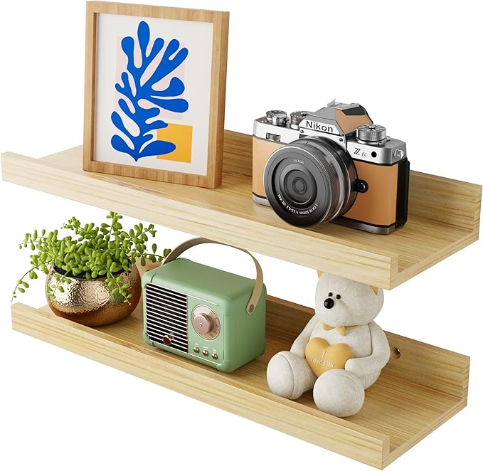 16 Inch Bamboo Floating Shelves - Picture Ledge Shelf with Lip Set of 2, Hanging Bamboo Wall Shelf for Storage, Small Natural Wood Floating Shelves for Living Room, Bedroom, Kitchen