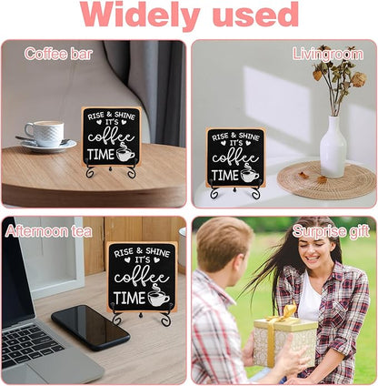 Coffee Bar Sign Decor 4"X 4" Rise & Shine It's Coffee Time Wooden Plaque for Home Kitchen Bar Tabletop Rustic Farmhouse Wood Cafe Signs with Stand for Cafe Corner Shelf Table Decorations