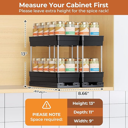 Pull Out Spice Rack Organizer for Cabinet, Slide Out Spice Racks Organizer, Easy to Install Spice Cabinet Organizers, 4.33''Wx10.62''Dx8.66''H, 2 Packs-2 Tiers(Black)