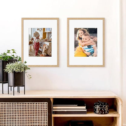 12x16 Picture Frame Set of 4, Displays 8x10 with Mat or 12x16 Without Mat, Photo Frames for Wall Hanging or Tabletop, Includes HD Plexiglass, Light Wood Grain