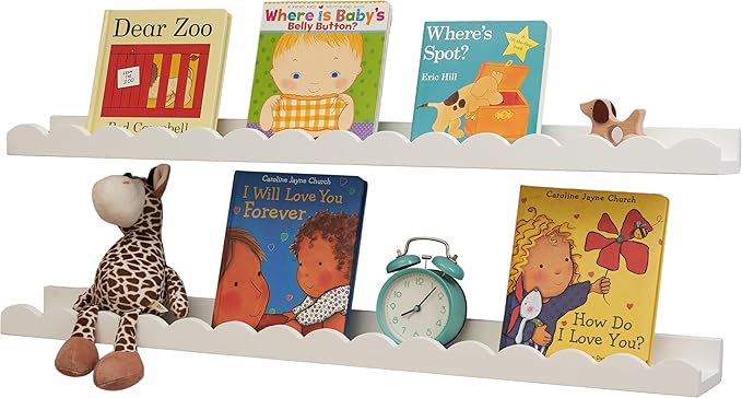 Nursery Book Shelves, Scalloped Floating Shelves Set of 2 Solid Pine Wood Wall Mounted Bookshelf with Wave Lip for Bedroom Kids, Toddler Room, Baby Room White 36inch