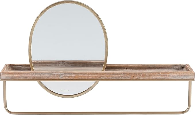 Linon Gourli Modern Farmhouse Gold Metal and Wooden Wall Shelf with Mirror