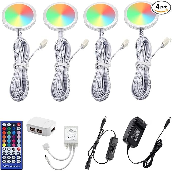 AIBOO RGBWW RGB + Warm White Color Changing Christmas Xmas Under Cabinet LED Lights Kit IR Remote Puck Lights for Kitchen Counter Shelf Furniture Ambiance Lighting (RGBWW, 4 Lights, 12W)