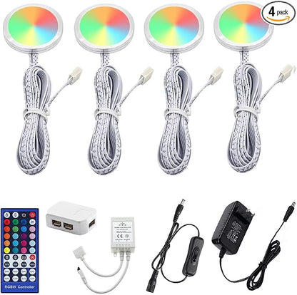 AIBOO RGBWW RGB + Warm White Color Changing Christmas Xmas Under Cabinet LED Lights Kit IR Remote Puck Lights for Kitchen Counter Shelf Furniture Ambiance Lighting (RGBWW, 4 Lights, 12W)