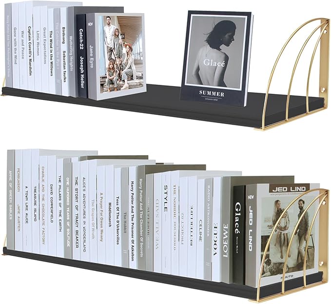 Pine Wood Floating Shelves - 23.57.87 Inch Black & Gold Floating Bookshelf Set of 2 with Elegant Lines