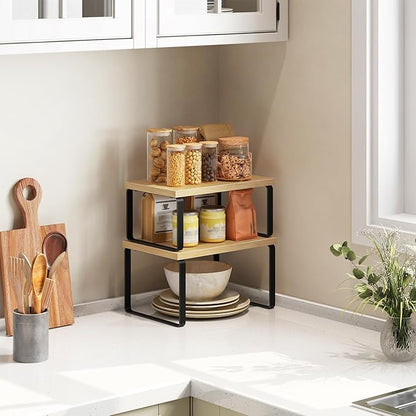 HOOBRO Spice Rack Set of 2, Kitchen Counter Organizer, Kitchen Storage, Cabinet Organizer Shelf, Nest, Stackable, Side-by-Side & L-Shape for Cabinet, Kitchen,Bathroom, Natural and Black BN33TL01