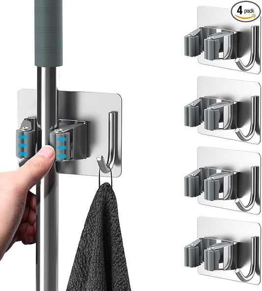 Mop Broom Holder No Drill, Mop Broom Organizer Wall Mounted Heavy Duty with Hooks Hanger, Self Adhesive Stainless Steel 4Pcs for Bathroom, Kitchen, Office (Silver)