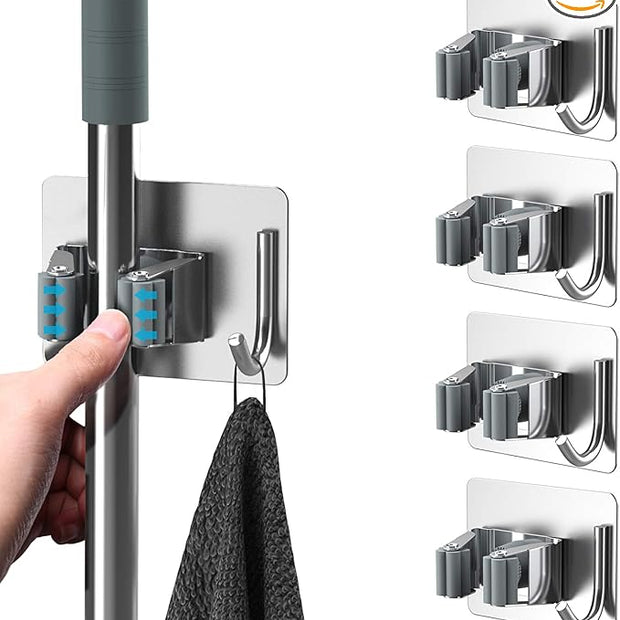 Mop Broom Holder No Drill, Mop Broom Organizer Wall Mounted Heavy Duty with Hooks Hanger, Self Adhesive Stainless Steel 4Pcs for Bathroom, Kitchen, Office (Silver)