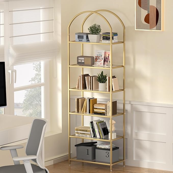 Homhedy Bookshelf Arched Display Racks,Metal Bookcase,Tempered Glass Shelves,Storage Rack Shelf for Home Office,Living Room,Bedroom, Bathroom,Modern Style (Golden, 11.8