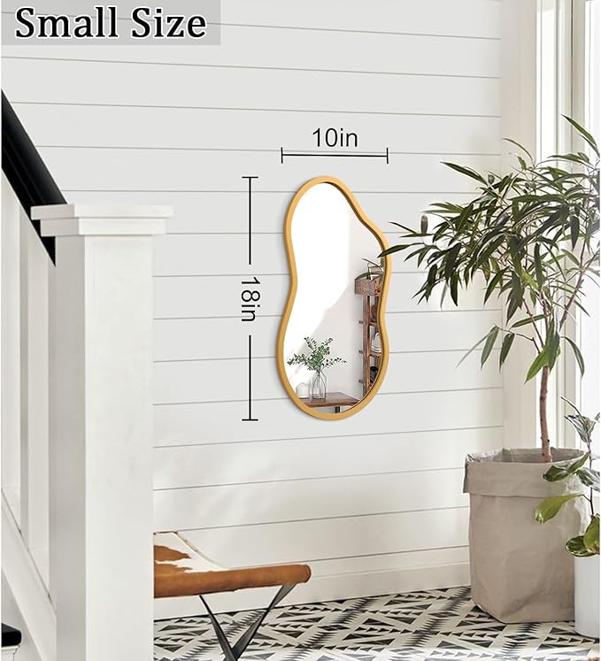AAZZKANG Gold Asymmetrical Mirror with Wooden Frame Irregular Decorative Wall Mirrors for Bedroom Dressing Room Living Room Bathroom Entryway Small