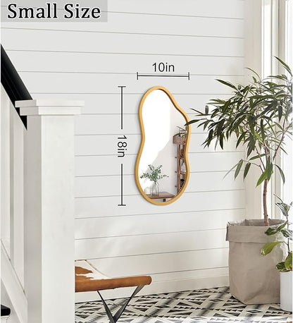 AAZZKANG Gold Asymmetrical Mirror with Wooden Frame Irregular Decorative Wall Mirrors for Bedroom Dressing Room Living Room Bathroom Entryway Small