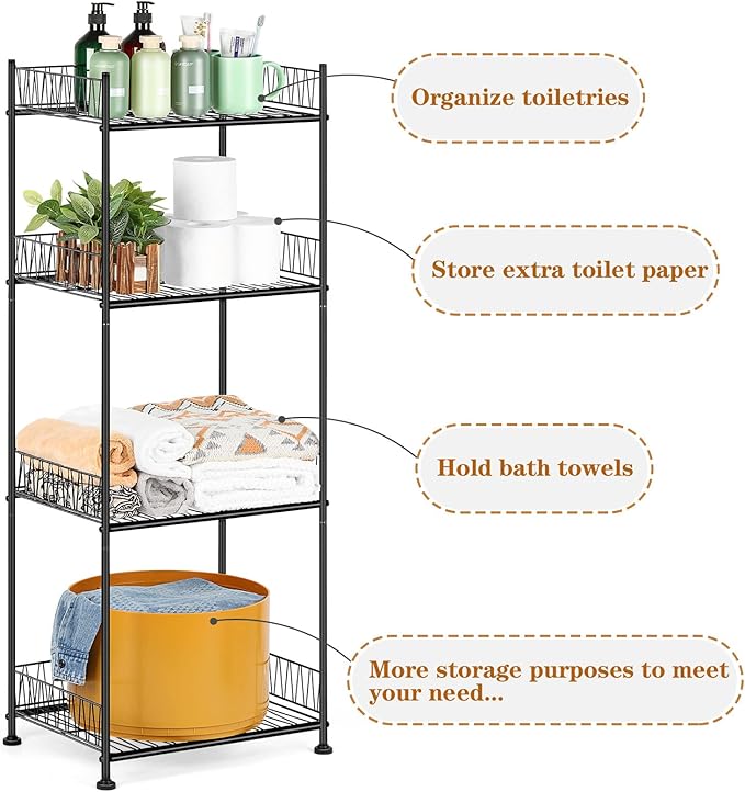 OYEAL Bathroom Shelves Freestanding Bathroom Towel Storage 4 Tier Wire Shelving Unit with Guard Bathroom Shelf Organizer Standing for Pantry Kitchen Laundry Room Organization, Black