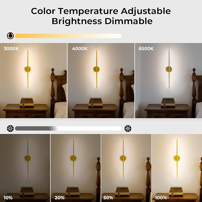 1 Pack Battery Operated Wall Sconce Detachable 360°Rotate, Wireless Wall Light 3000-6500K Dimmable, 10000mAh Rechargeable Wall Lamp for Bedroom, Living Room，28.3 Inch Gold