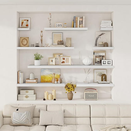 Fun Memories Deep Floating Shelves, 32W x 12D White Wall Shelves, 32 Long Rustic Wood Wide Storage Shelves for Bedroom, Kitchen, Farmhouse, Laundry Room, Bedroom, Kitchen, Home Office- Set of 3