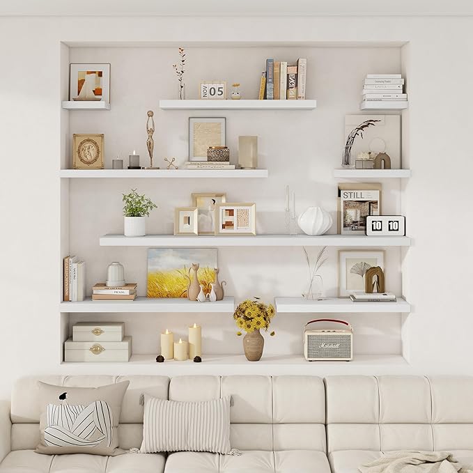 Fun Memories 12 Deep Floating Shelves for Wall | 30W x 12D Large Floating Shelves | 3 Pack Storage Space Wall Mount Shelf for Living Room Bathroom Toilet Laundry Room Kitchen Home Office - White