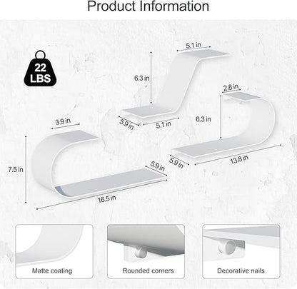 White Floating Shelves Set of 3, White Metal Decor, Unique Mounted Floating Shelf, Modern Long Wall Shelf, Large Wall Shelves for Bedroom, Bathroom, Living Room