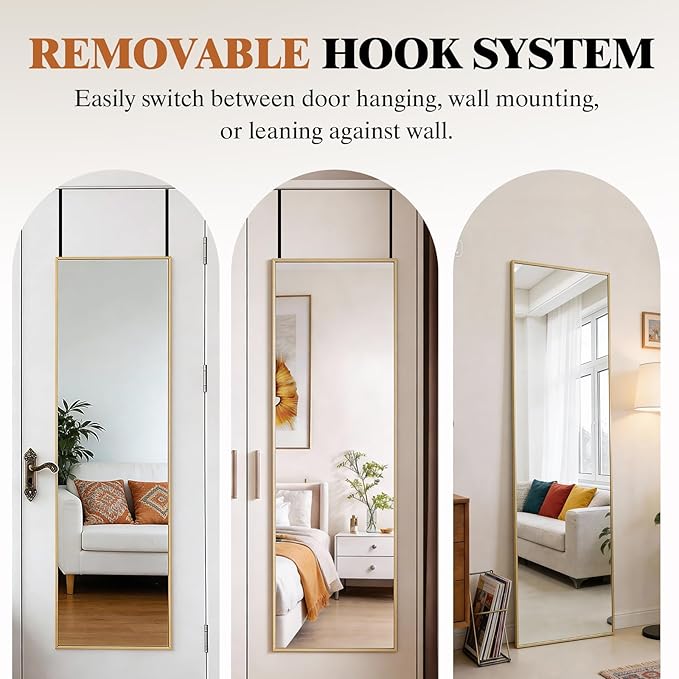 DUMOS 47x14 Full Length Mirror Over The Door, Wall Mounted Full Body Mirror, Door Hanging Metal Aluminum Alloy Frame Dressing Mirror for Bedroom, Living Room, Entryway, Gold
