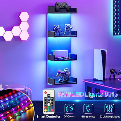 HOOBRO Floating Wall Shelves with LED Lights, Floating Shelf Wall Mounted for Storage, Vertical Display Stand, Modern Column Rack, for Bedroom, Livingroom, 4-Tier, 35.8 Inches, Black, BK41DBJ01