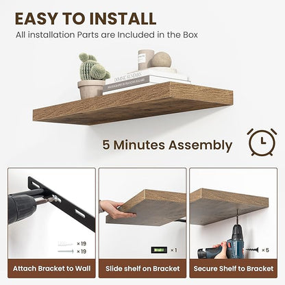24 Inch Floating Shelves, 12 Inch Deep Floating Shelves for Wall, Floating Shelf with Invisible Brackets, Deep Shelves for Bathroom, Bedroom, Living Room, 2 Pack, Brown