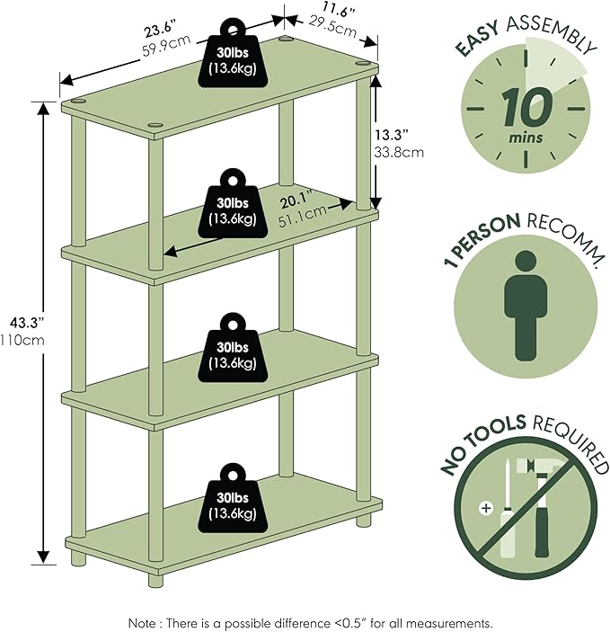 Furinno Turn-N-Tube Storage Shelves, 4-Tier Toolless Book Shelf, Corner Shelf, Toolless Open Shelves, for Organization and Storage, Living Room, Garage, Home Office, Amber Pine