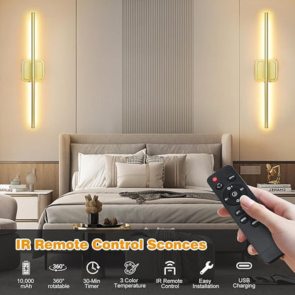 Battery Operated Wall Sconces Set of 2, Rechargeable Wall Sconces with Remote Control, LED Gold Wall Lights, 3000K-6000K Dimmable 360° Rotatable for Living Room, Bedroom, Hallway, 28''
