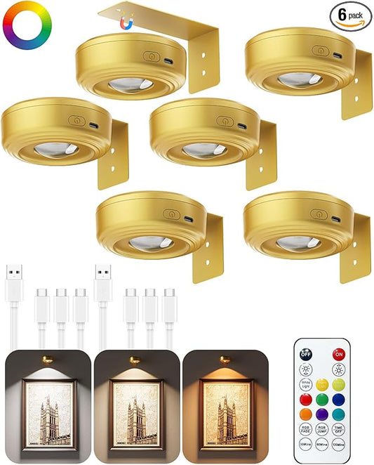 Picture Lights for Wall, 2000mAh Rechargeable Magnetic Poster Lights with Remote, 3 Color Temps & RGB Dimmable Timer, Wall Decor Light for Art Display, Frame (6 Pack)