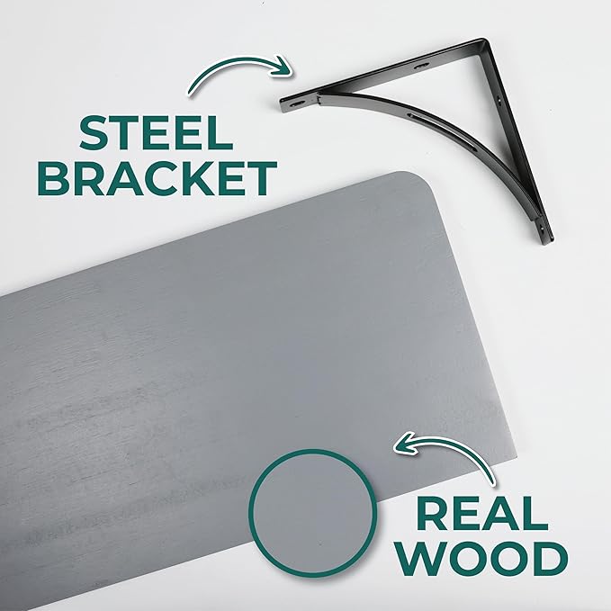 Reinforced Steel Bracket Grey Wall Shelves - Easy to Install, Template and Video Included - Grey Shelf for Wall, Gray Shelf for Bathroom