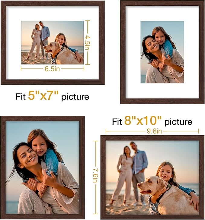 Vittanly 8x10 Picture Frame Set of 4, Display Pictures 5x7 with Mat or 8x10 without Mat, Engineered Wood with Shatter Resistant Plexiglass, Wall Gallery Photo Frames for Wall or Tabletop, Brown
