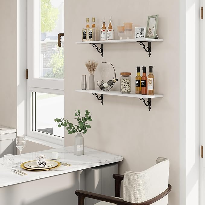 RICHFOCUS Floating Shelves for Wall Decor, 35.4W x 8D Shelves Set of 2, 8 Inch Deep Rustic Wood Shelves Wall Mounted with Brackets, Long Floating Shelves for Living Room Bedroom Kitchen, White