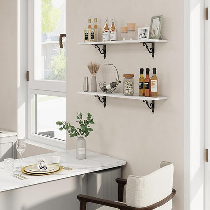 RICHFOCUS Floating Shelves for Wall Decor, 35.4W x 8D Shelves Set of 2, 8 Inch Deep Rustic Wood Shelves Wall Mounted with Brackets, Long Floating Shelves for Living Room Bedroom Kitchen, White